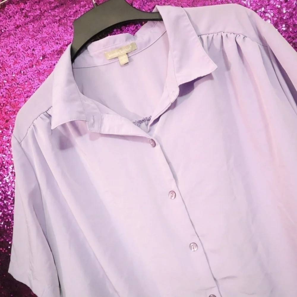 Lavender Button Down Blouse 1X Woman Within Women Short Sleeve Cotton Top